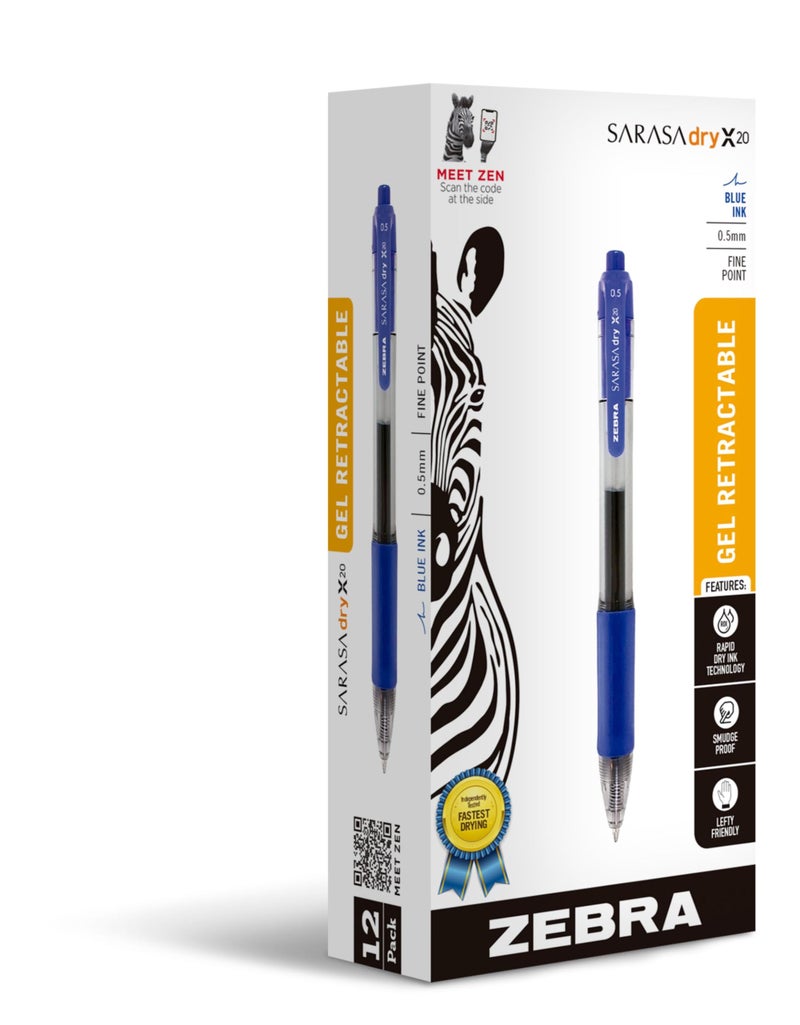 Zebra Pen Sarasa Dry X20 Retractable Gel Pens, 0.7mm Medium Point, Blue Ink with Rapid Dry Ink Technology, Ideal for Office Supplies and School Supplies, 12-Pack (46820) - Image 5
