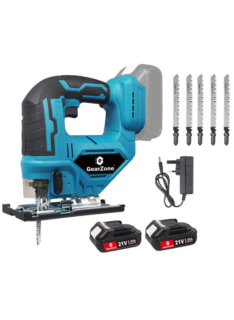 GearZone Cordless Wood Jigsaw with 5 Saw Blades and 2pcs Battery & Charger for Woodworking  - Image 1