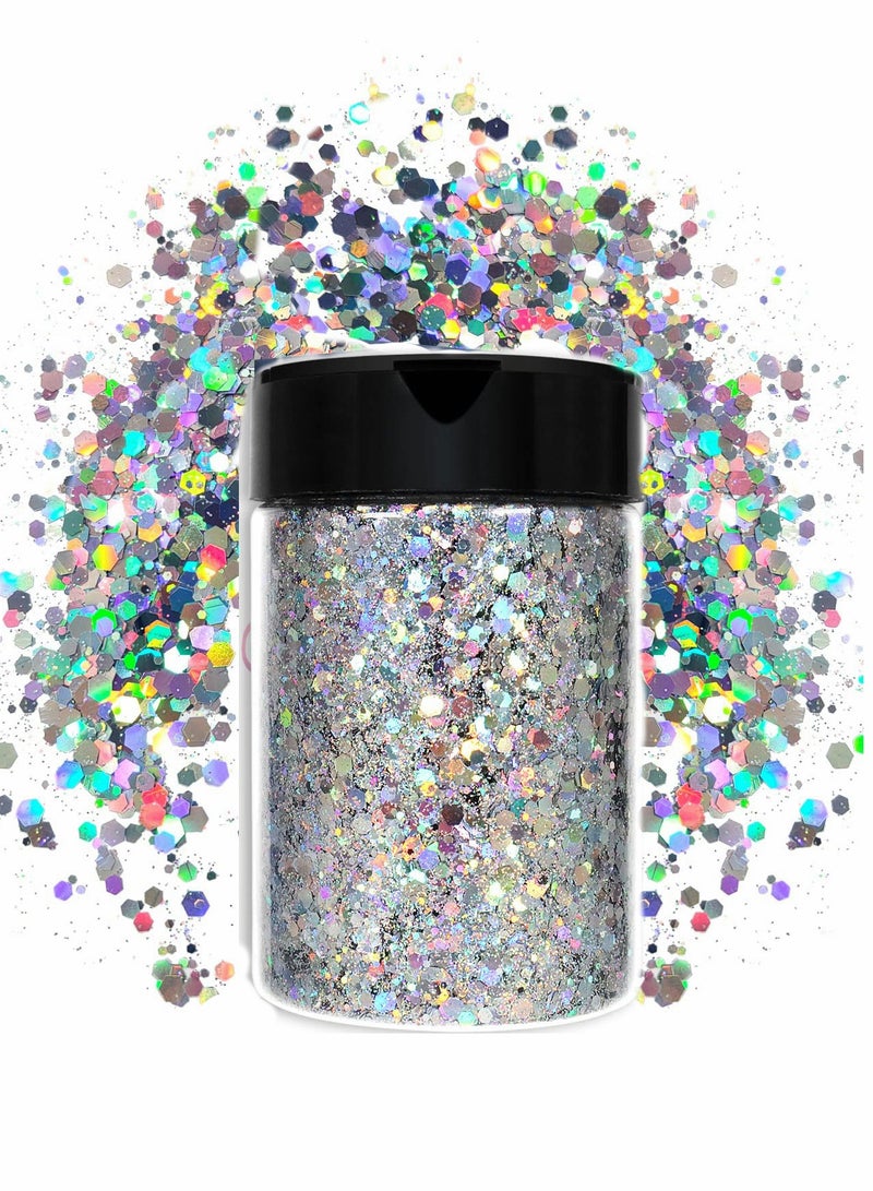 Excefore Holographic Chunky Glitter, 3.5oz/ 100g Silver Craft Glitter Powder Mixed Chunky Fine Flakes Iridescent Nail Sequins for Nail Art, Hair, Epoxy Resin, Tumblers, Slime, Painting, Festival Decor - Image 1