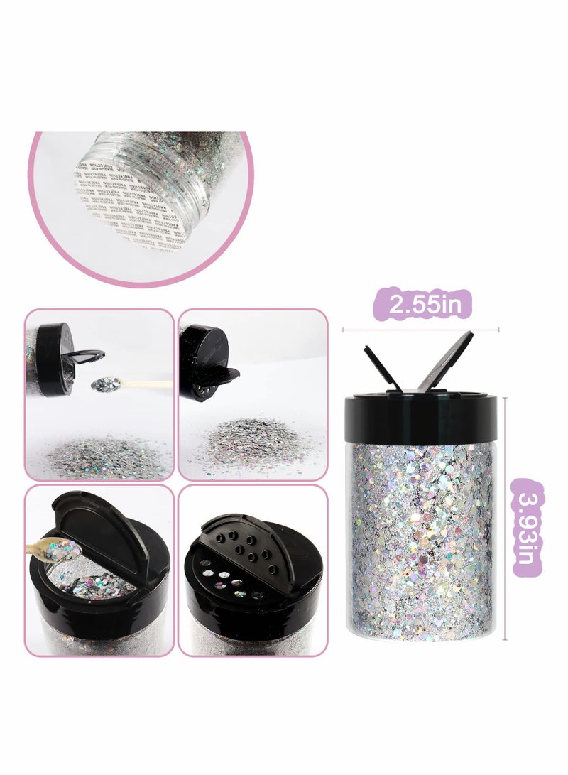 Excefore Holographic Chunky Glitter, 3.5oz/ 100g Silver Craft Glitter Powder Mixed Chunky Fine Flakes Iridescent Nail Sequins for Nail Art, Hair, Epoxy Resin, Tumblers, Slime, Painting, Festival Decor - Image 3