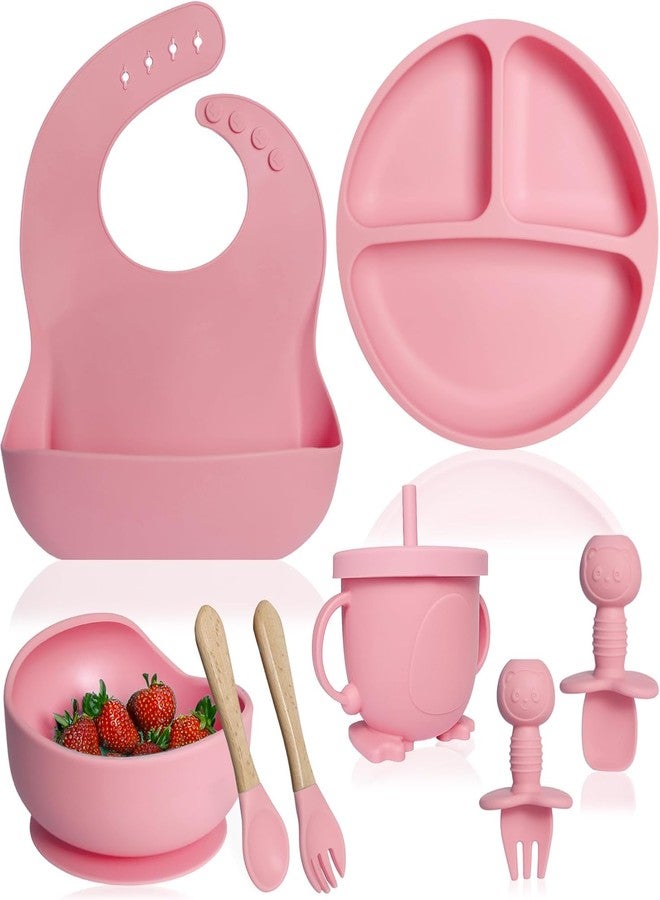 QLECT BPA Free Silicone Baby Feeding Set,Baby Led Weaning Supplies,Eating Essentials Utensils with Suction Plate & Bowl,Pocket Bib,Sippy Cup with Lid,Forks Spoons for Baby&Toddler 6+ Months,Pink - Image 1