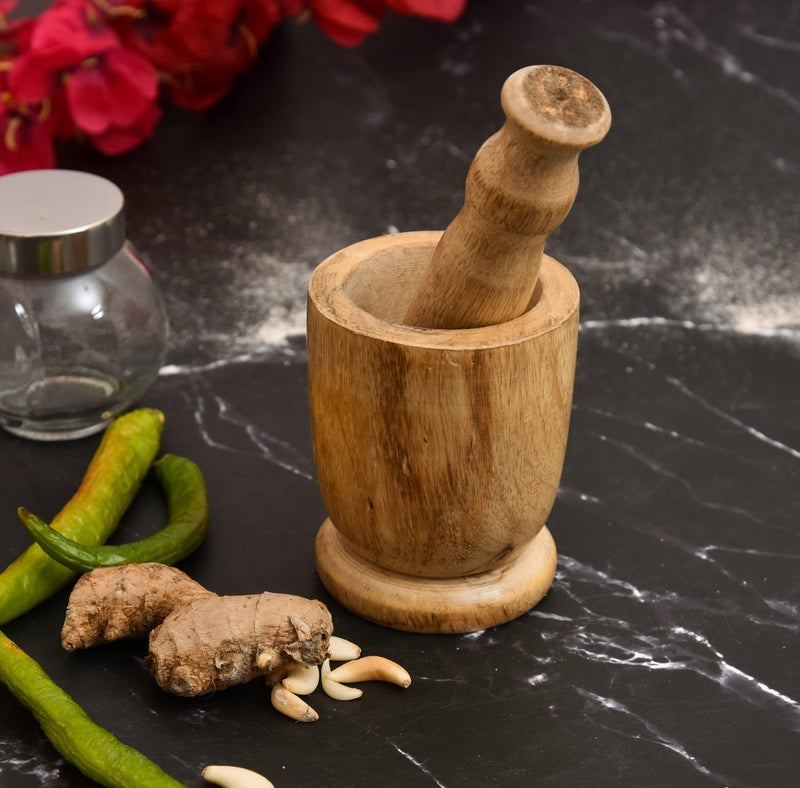 OGGN Mango Wood Mortar Pestle Set, Imam Dasta, Natural Wooden Okhli, Spice Mixer Kharal, Kitchen Khalbatta Masher, Ginger Garlic Crusher, Masala Kutni for Cooking - Image 1