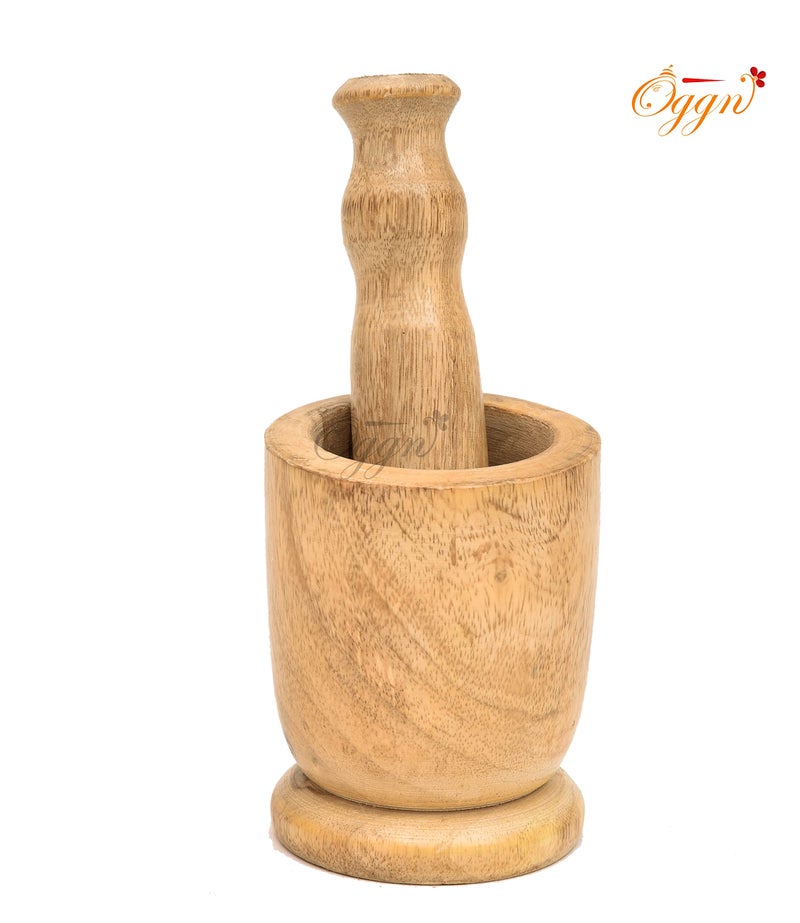 OGGN Mango Wood Mortar Pestle Set, Imam Dasta, Natural Wooden Okhli, Spice Mixer Kharal, Kitchen Khalbatta Masher, Ginger Garlic Crusher, Masala Kutni for Cooking - Image 3