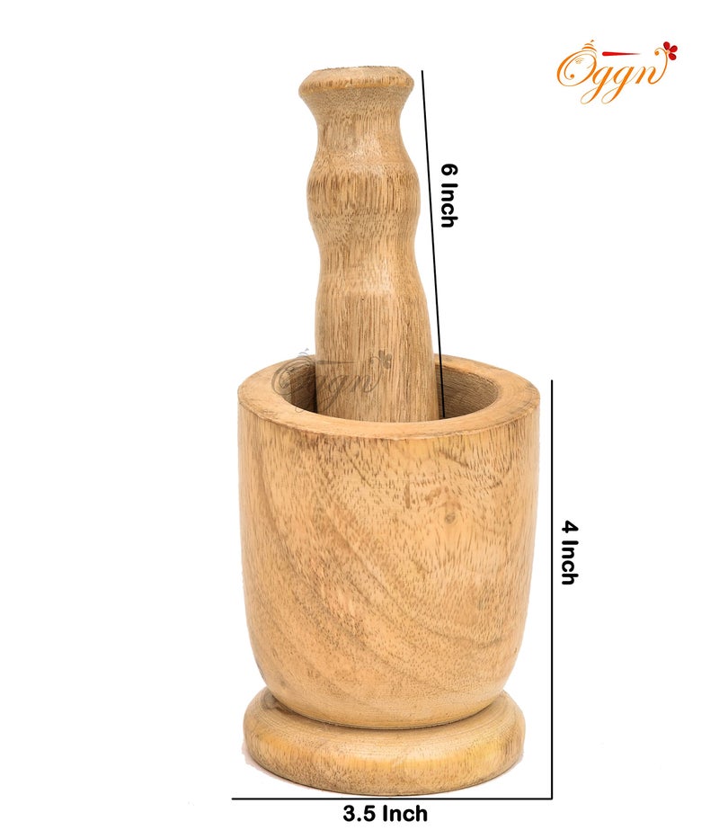 OGGN Mango Wood Mortar Pestle Set, Imam Dasta, Natural Wooden Okhli, Spice Mixer Kharal, Kitchen Khalbatta Masher, Ginger Garlic Crusher, Masala Kutni for Cooking - Image 2