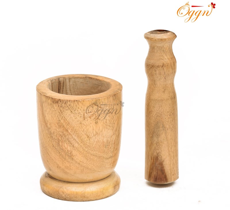 OGGN Mango Wood Mortar Pestle Set, Imam Dasta, Natural Wooden Okhli, Spice Mixer Kharal, Kitchen Khalbatta Masher, Ginger Garlic Crusher, Masala Kutni for Cooking - Image 5