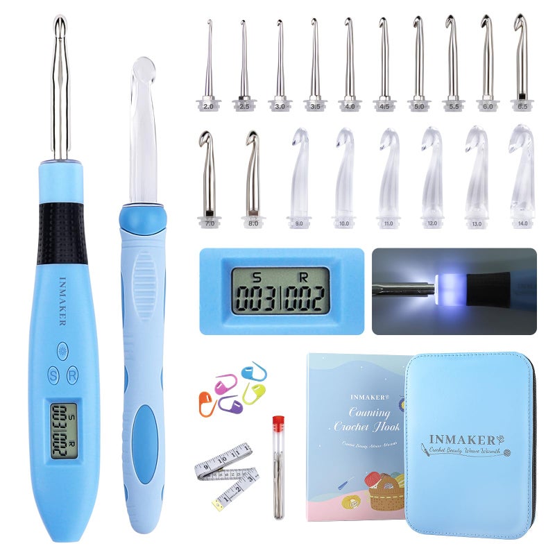 INMAKER Light up Crochet Hooks Set 18in1 Counting Crochet Hook Set Digital Led Crochet Needles Kit with Case Special Crochet Gifts for Crocheters