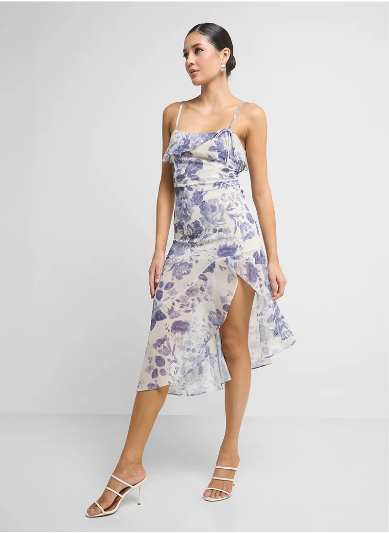 جينجر Strappy Floral Assymetric Ruffle Detail Dress