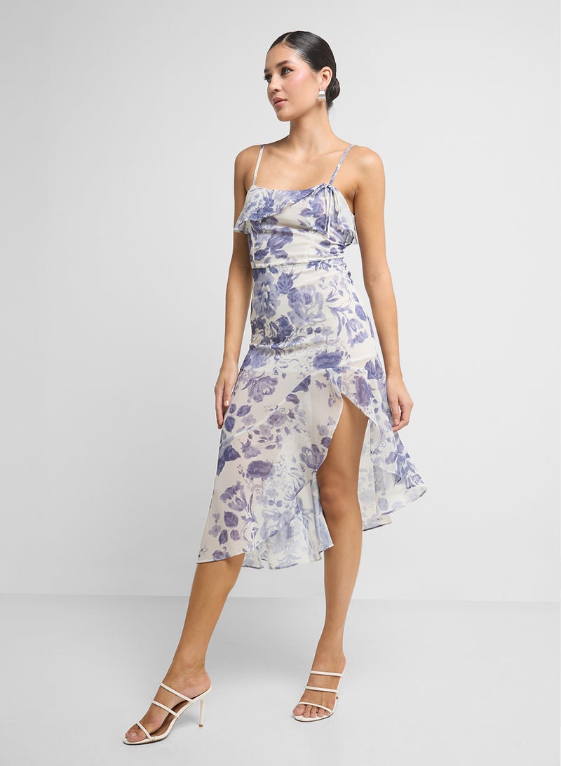 جينجر فستان بحمالات مزين بزهور وكشكشة غير متماثلة - Image 1