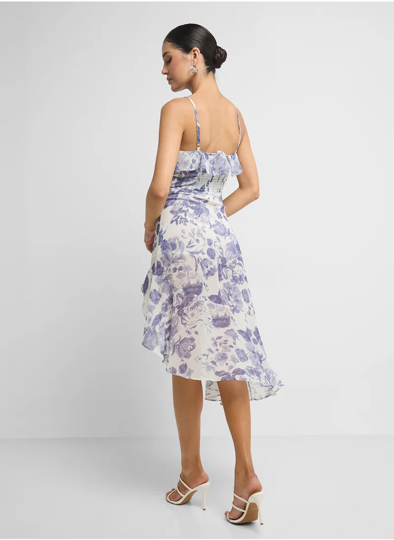 جينجر Strappy Floral Assymetric Ruffle Detail Dress