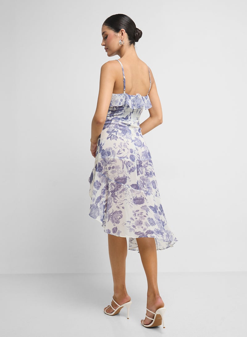 جينجر فستان بحمالات مزين بزهور وكشكشة غير متماثلة - Image 2