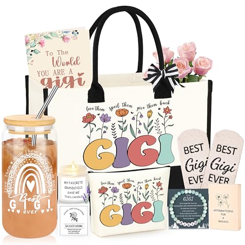 DOGMEM Gigi Gifts for Grandma Birthday Gift Set from Granddaughter Grandchildren Grandkids Christmas Gifts for Gigi Tote Bag Makeup Bag 16 Oz Can Glass - Image 1