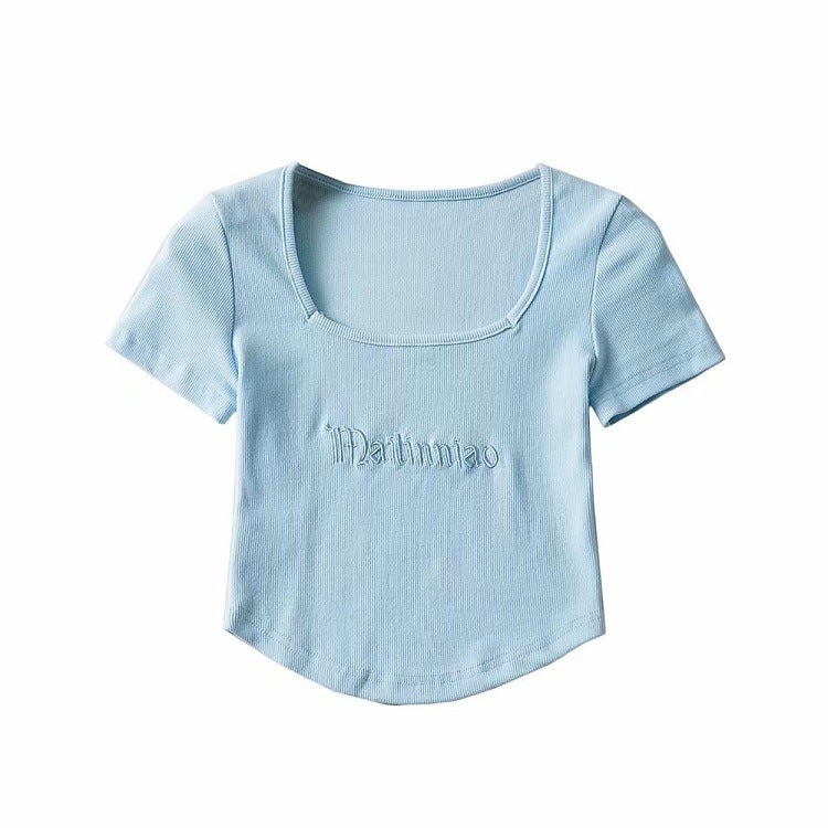 YPFF New Summer Fashion Retro Letter Embroidered Pullover Short Sleeve Square Neck Slim Fit Navel Women's T-shirt - Image 1