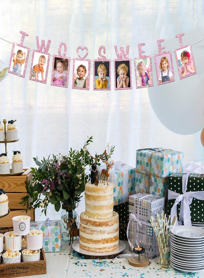 WeBenison Two Sweet Photo Banner Girls 2nd Birthday Paper Photo Sweet 2nd Anniversary Bunting Decorations Baby Shower Kid Birthday Picture Banner Pink Glitter - Image 5