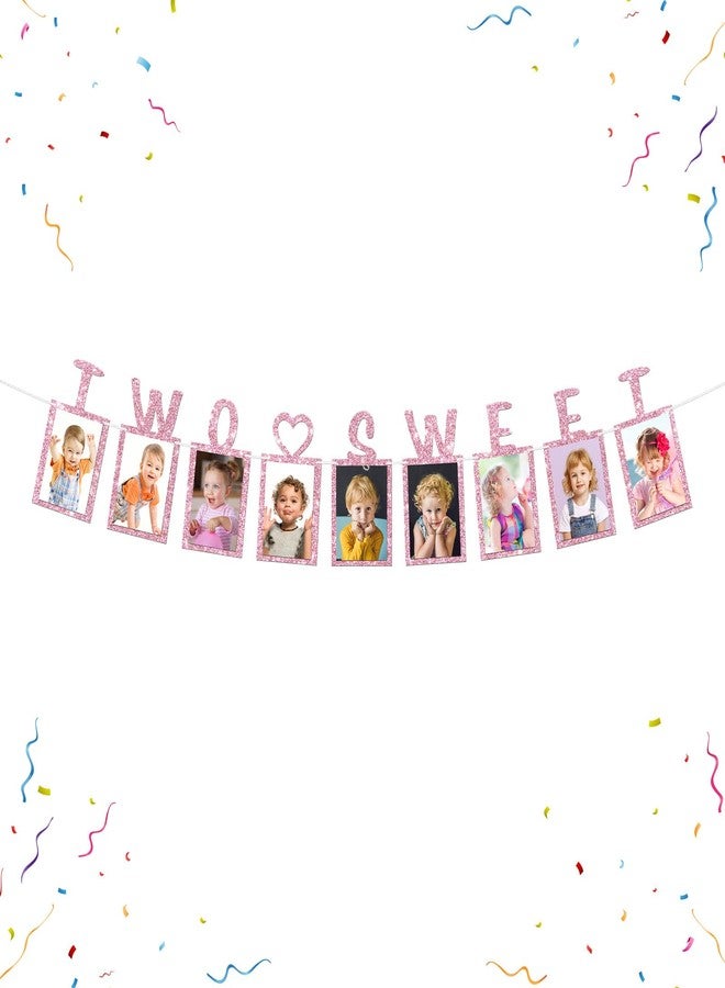 WeBenison Two Sweet Photo Banner Girls 2nd Birthday Paper Photo Sweet 2nd Anniversary Bunting Decorations Baby Shower Kid Birthday Picture Banner Pink Glitter - Image 1