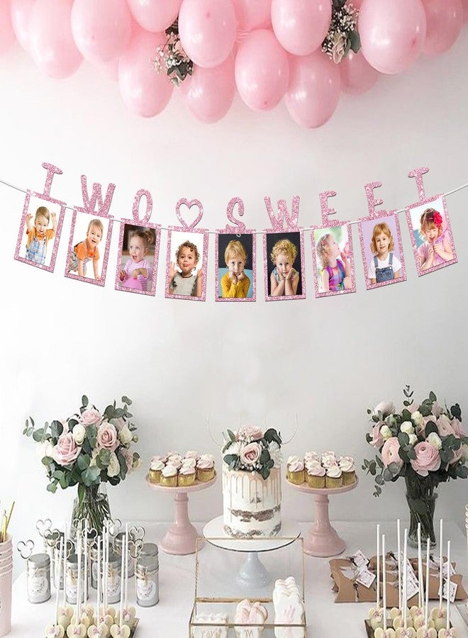 WeBenison Two Sweet Photo Banner Girls 2nd Birthday Paper Photo Sweet 2nd Anniversary Bunting Decorations Baby Shower Kid Birthday Picture Banner Pink Glitter - Image 4