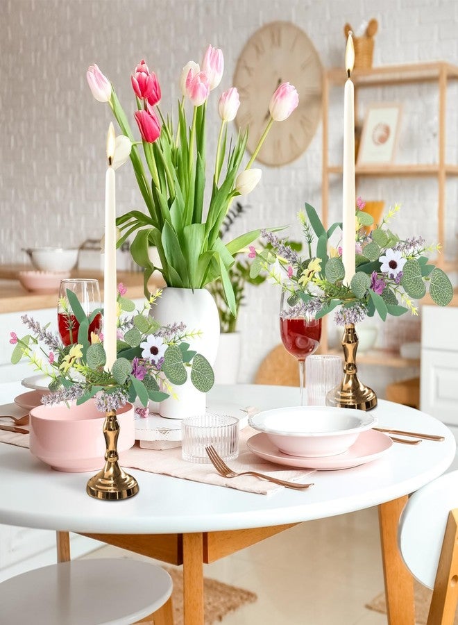 YLOLUL 4 PCS Spring Flowers Taper Candle Rings Wreaths 1.38" Mini Spring Summer Floral Taper Candle Holder Wreaths Colorful Artificial Wildflowers Table Centerpieces Wreath for Church Home Wedding Decor - Image 5