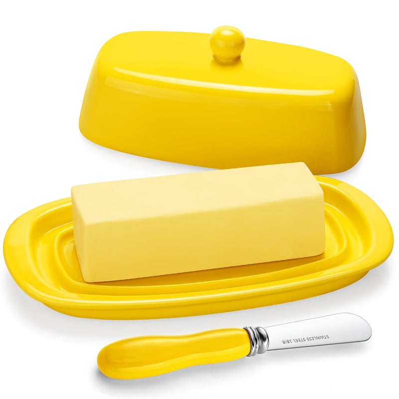 Yedio Ceramic Butter Dish with Lid for Countertop Refrigerator 8 Inch Butter Holder with Porcelain Cover Knob Handle for East West Coast Butter Stick Yellow