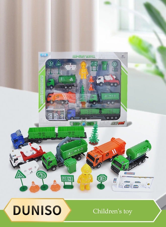 DUNISO 17 Piece Set Of Garbage Truck Model Toys,Garbage Truck Toys For Boys, Mini Truck Model, Friction Power Recycling Car Toy Set, Equipped With Simulated City Scenes, Suitable For Children Over Three Years Old - Image 1