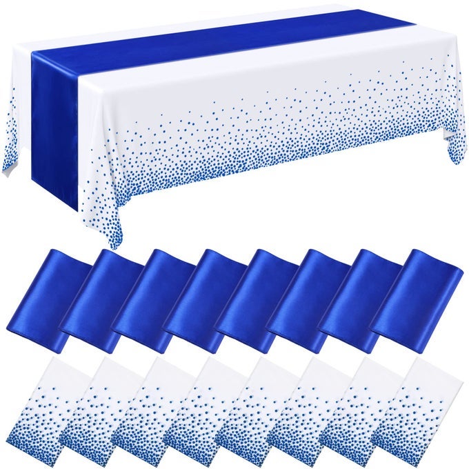 16 PCS WHITE AND ROYAL BLUE DISPOSABLE PLASTIC TABLECLOTHS AND SATIN TABLE RUNNER SET 54X108 INCH TABLECLOTH 12X108 INCH TABLE RUNNERS FOR NEW YEAR WEDDING BIRTHDAY BABY SHOWER GRADUATION