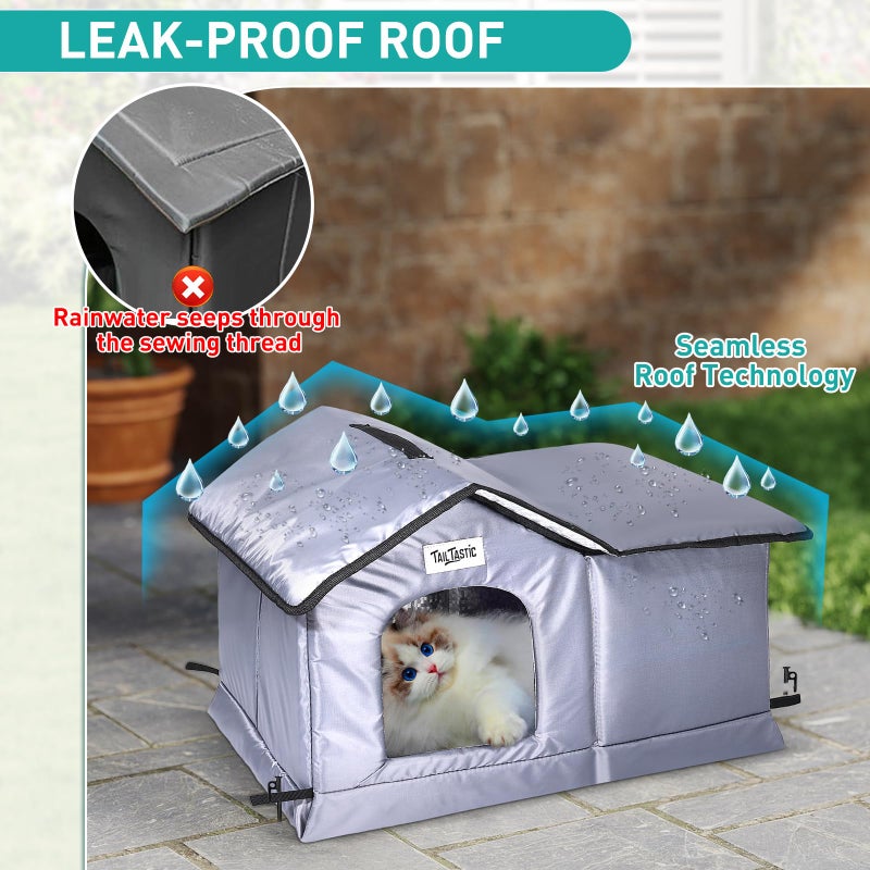 TailTastic Outdoor Cat House Weatherproof & Insulated for Winter - Upgraded Seamless Bottom Feral Cat Shelter, Waterproof Cat Houses for Outdoor Cats, Easy to Assemble Outside Cat House with Mat(Grey, L) - Image 2