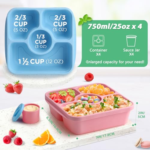 QQKO Bento Snack Box Containers for Adults Kids 4 Pack Lunchable Meal Prep Containers Reusable Stackable Bento Lunch Box Food Storage Prep Containers with Lids and 4 Sauce Cups Pastel Color Clear Lid - Image 3