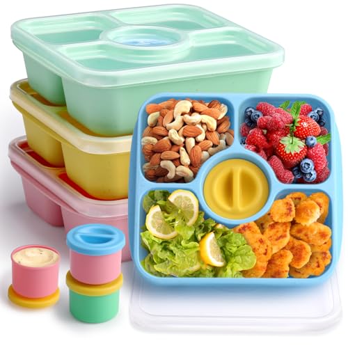 QQKO Bento Snack Box Containers for Adults Kids 4 Pack Lunchable Meal Prep Containers Reusable Stackable Bento Lunch Box Food Storage Prep Containers with Lids and 4 Sauce Cups Pastel Color Clear Lid - Image 1