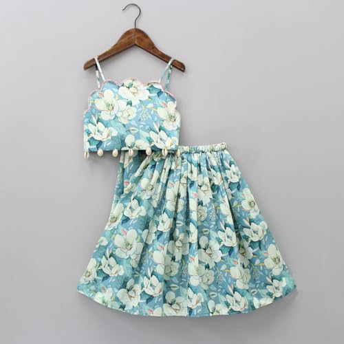 GORLYA Girls Rayon Floral Printed Scalloped Cut Back Tie Knot Top With Lehenga Co-Ord Set (11-12 Years, Light Green) - Image 2