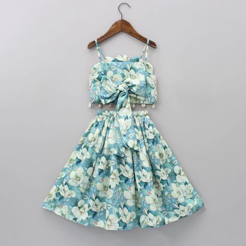 GORLYA Girls Rayon Floral Printed Scalloped Cut Back Tie Knot Top With Lehenga Co-Ord Set (11-12 Years, Light Green) - Image 3