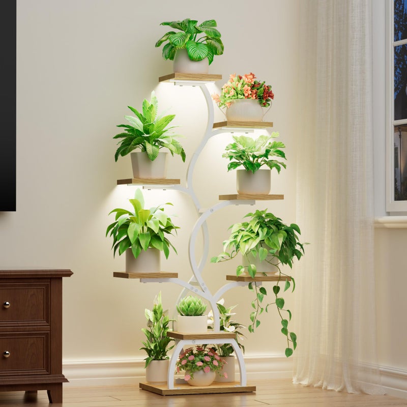 EVAWOO Plant Stand Indoor with Grow Light - 8 Tiered Plant Shelf Indoor, Corner Plant Stand, 49" Tall Plant Shelf with Lights for Indoor Growing, Lighted Flower Holder for Living Room, Balcony (White) - Image 1