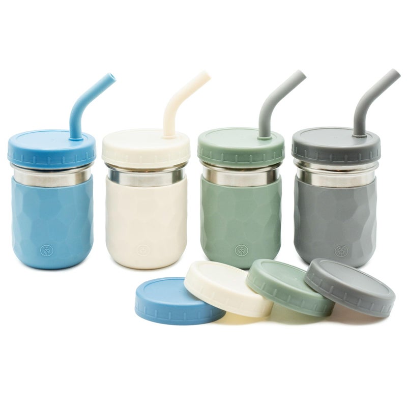 WeeSprout 2-in-1 Drinking Cups for Kids, Durable Stainless Steel Tumbler for Smoothies, Silicone Straws with Stoppers, Premium Plastic Twist Lids, Easy-Grip Sleeves, Set of 4 Dishwasher Safe Kid Cups - Image 1