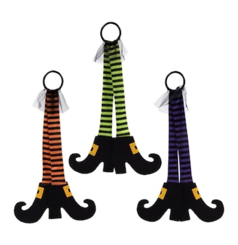 Greenbrier Halloween Dangling Witch Leg Decorations 22Hx15W  Green  Orange & Purple Striped Stockings 3/Pk