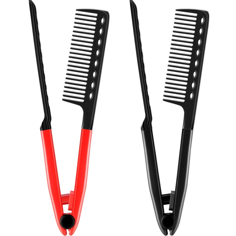 BOAO Boao 2 Pieces Flat Iron Comb Straightening Comb Salon Hair Brush Combs Hairdressing Styling Hair Straightener V-shaped Straight Comb Straightener (Red, Black)  - Image 1