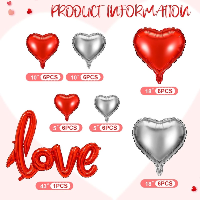 Civaner 37 Pieces Valentines Day Balloons 5 Inch 10 Inch 18 Inch Heart and Love Shaped Foil Balloon for Propose Wedding Dating Romantic Night AnniversaryRed Silver - Image 2