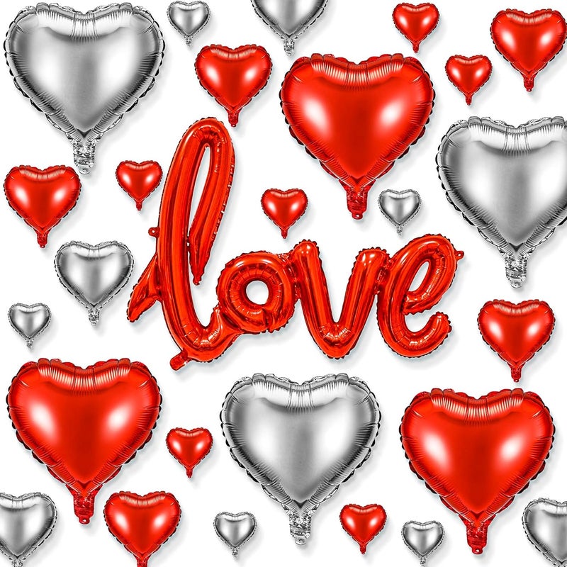 Civaner 37 Pieces Valentines Day Balloons 5 Inch 10 Inch 18 Inch Heart and Love Shaped Foil Balloon for Propose Wedding Dating Romantic Night AnniversaryRed Silver - Image 1