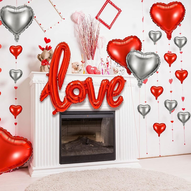 Civaner 37 Pieces Valentines Day Balloons 5 Inch 10 Inch 18 Inch Heart and Love Shaped Foil Balloon for Propose Wedding Dating Romantic Night AnniversaryRed Silver - Image 5