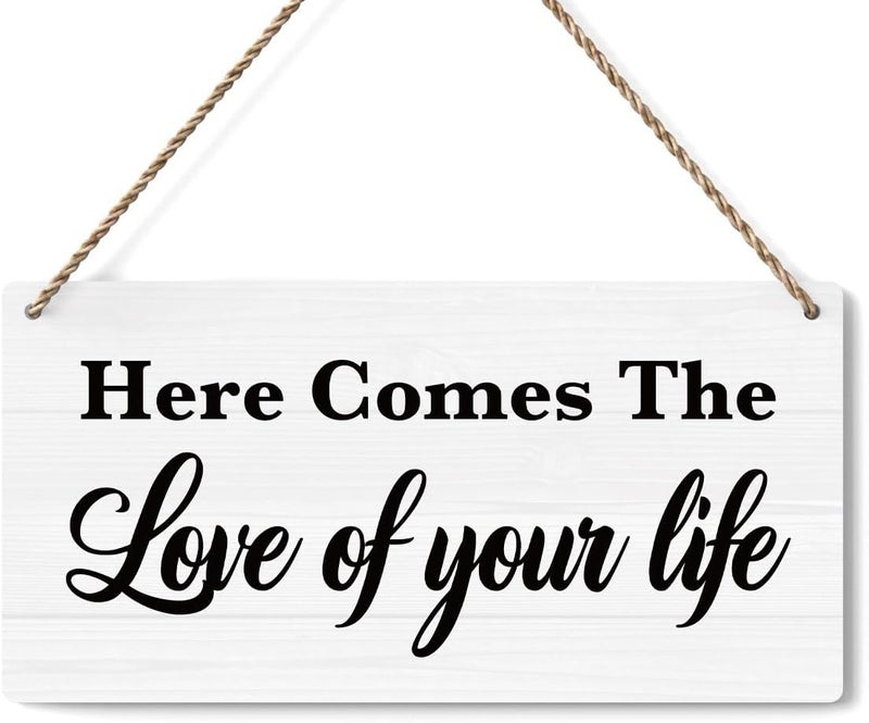 BELLOWDEER Rustic Wedding Signs, Ring Bearer Sign, Here Comes The Love of Your Life, Wedding Decor Stuff Engagement Wedding Decorations 12x6 Inches (White) - Image 1