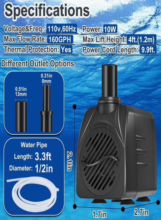 SongLong 160GPH(600L/H) 9.9ft Power Cord Submersible Pump, Water Fountain Pump with 4ft Lift for Ponds, Water Fountains, Aquariums & Hydroponics. - Image 5