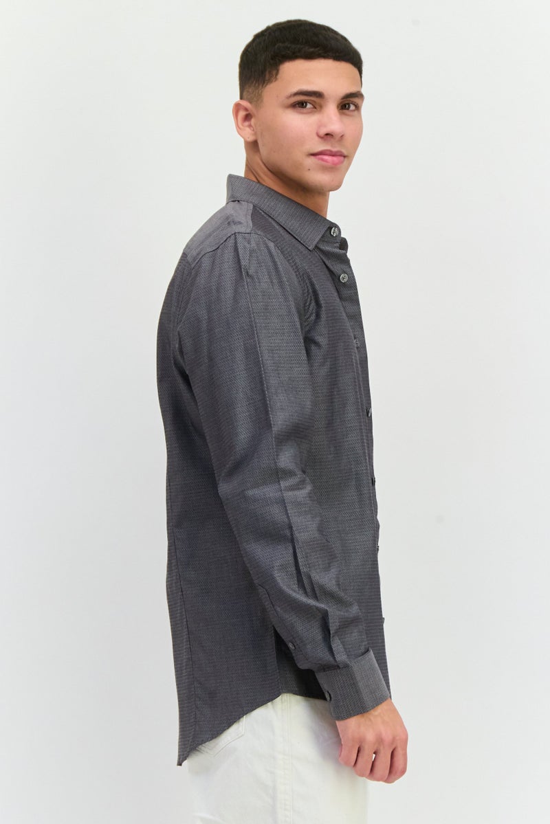 PERRY ELLIS قميص رجالي بأكمام طويلة بتصميم هيرينغبون ضيق، أسود - Image 2