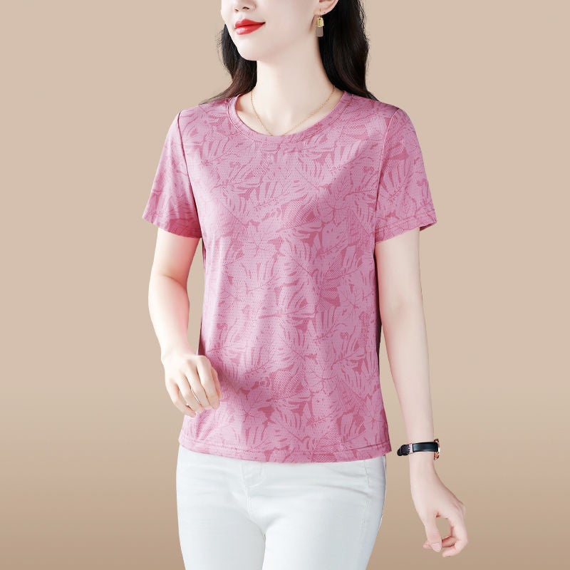 Round Neck Short Sleeve T-Shirt Female Young Mother Fashionable Temperament Age-Reducing Versatile Women'S Top Plus Size Trendy - Image 2