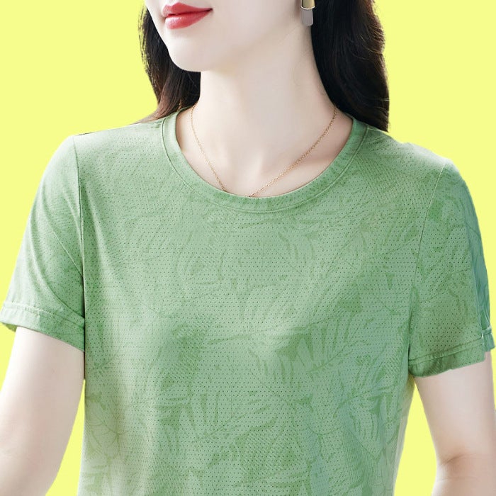 Round Neck Short Sleeve T-Shirt Female Young Mother Fashionable Temperament Age-Reducing Versatile Women'S Top Plus Size Trendy - Image 1