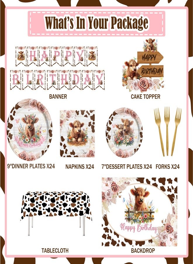 Hombae Highland Cow Birthday Decorations - Girls' Party Supplies with Highland Cow Themed Backdrop, Balloon Banner, Tablecloth, Cake Topper, Plates, Napkins, Forks - 200 PCs - Image 2