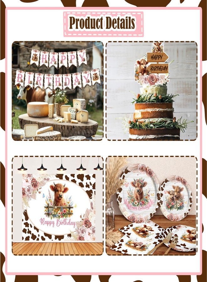 Hombae Highland Cow Birthday Decorations - Girls' Party Supplies with Highland Cow Themed Backdrop, Balloon Banner, Tablecloth, Cake Topper, Plates, Napkins, Forks - 200 PCs - Image 4