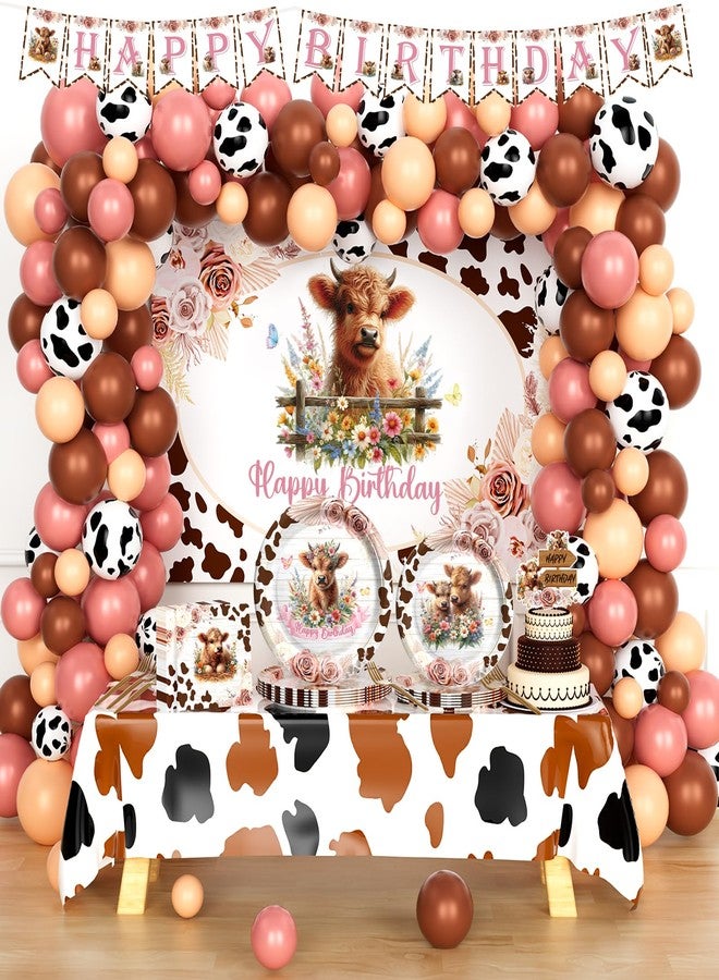 Hombae Highland Cow Birthday Decorations - Girls' Party Supplies with Highland Cow Themed Backdrop, Balloon Banner, Tablecloth, Cake Topper, Plates, Napkins, Forks - 200 PCs - Image 1