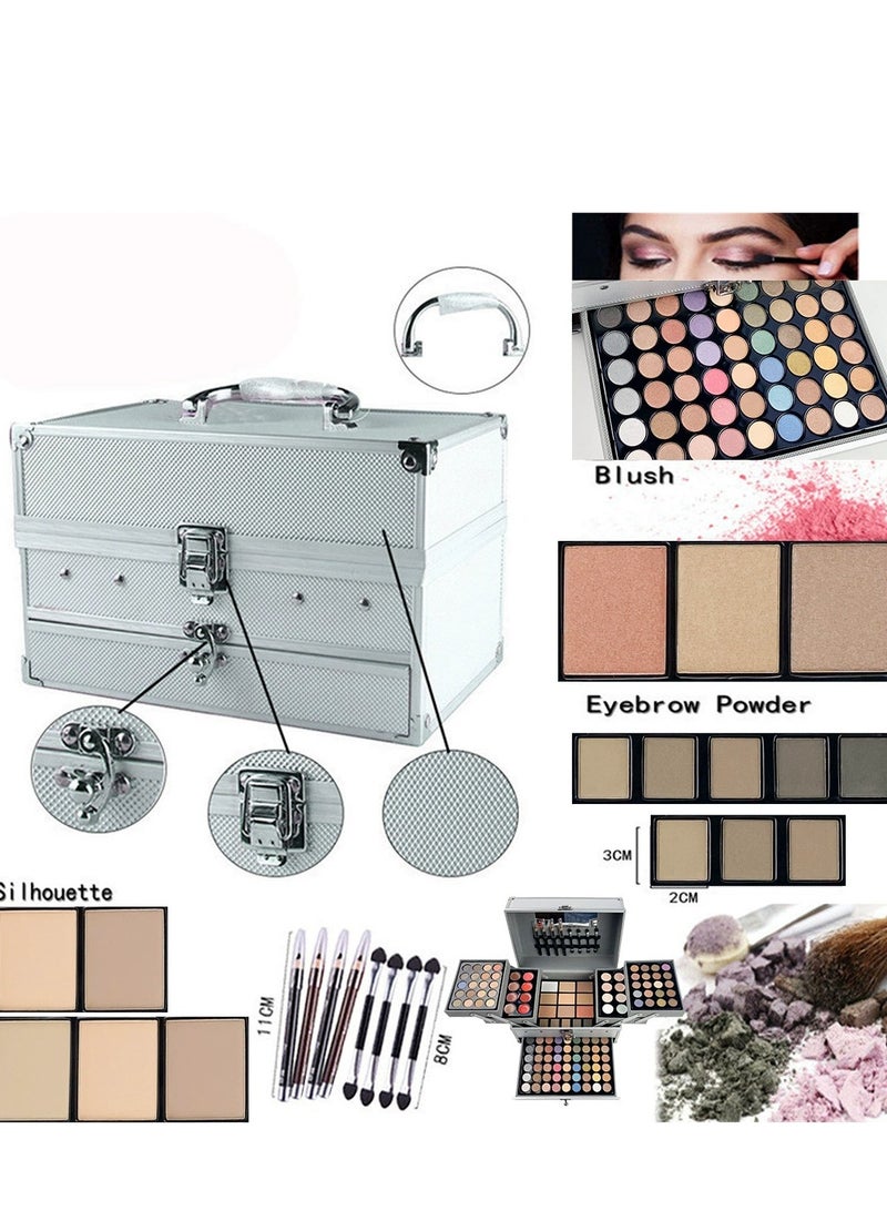 127Pcs/Set Idea Makeup Gift Box For Mother's Day Multi-Functional Make Up Case Set With Mirror & Brush Eyeshadow Lipstick Mascara Lip Liner Lip Gloss All In One Simplicity Silvery Ladies Cosmetics Set Full Set, Gifts For Women  - Image 1