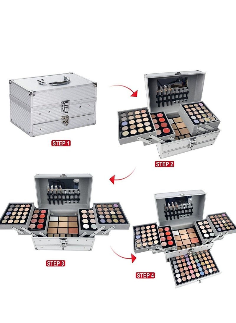 127Pcs/Set Idea Makeup Gift Box For Mother's Day Multi-Functional Make Up Case Set With Mirror & Brush Eyeshadow Lipstick Mascara Lip Liner Lip Gloss All In One Simplicity Silvery Ladies Cosmetics Set Full Set, Gifts For Women  - Image 2