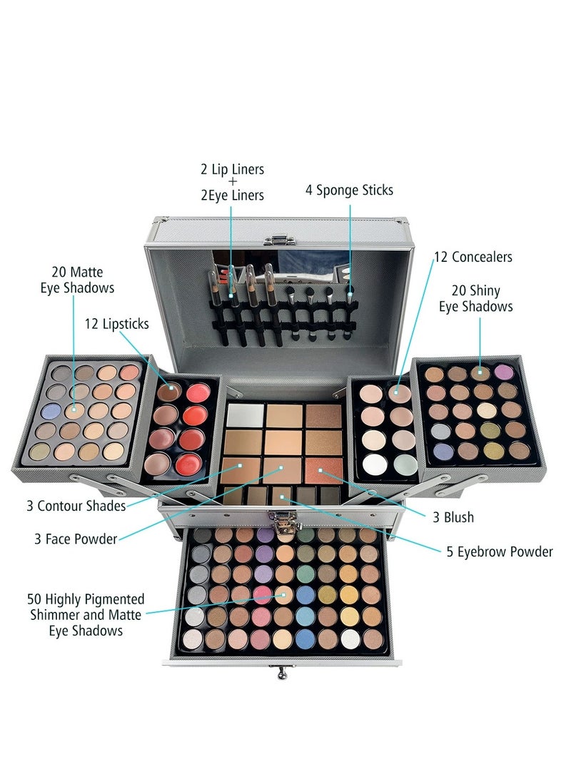 127Pcs/Set Idea Makeup Gift Box For Mother's Day Multi-Functional Make Up Case Set With Mirror & Brush Eyeshadow Lipstick Mascara Lip Liner Lip Gloss All In One Simplicity Silvery Ladies Cosmetics Set Full Set, Gifts For Women  - Image 3