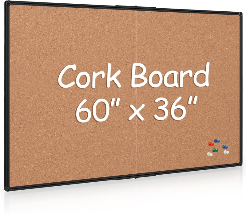 Board2by لوحة إعلانات كبيرة جدًا من الفلين 60" × 36"، لوحة ملاحظات قابلة للطي للجدار، إطار ألمنيوم أسود 5'×3'، لوحة إعلانات مثبتة على الجدار مع 36 دبوس دفع للمدرسة، المنزل والمكتب - Image 1