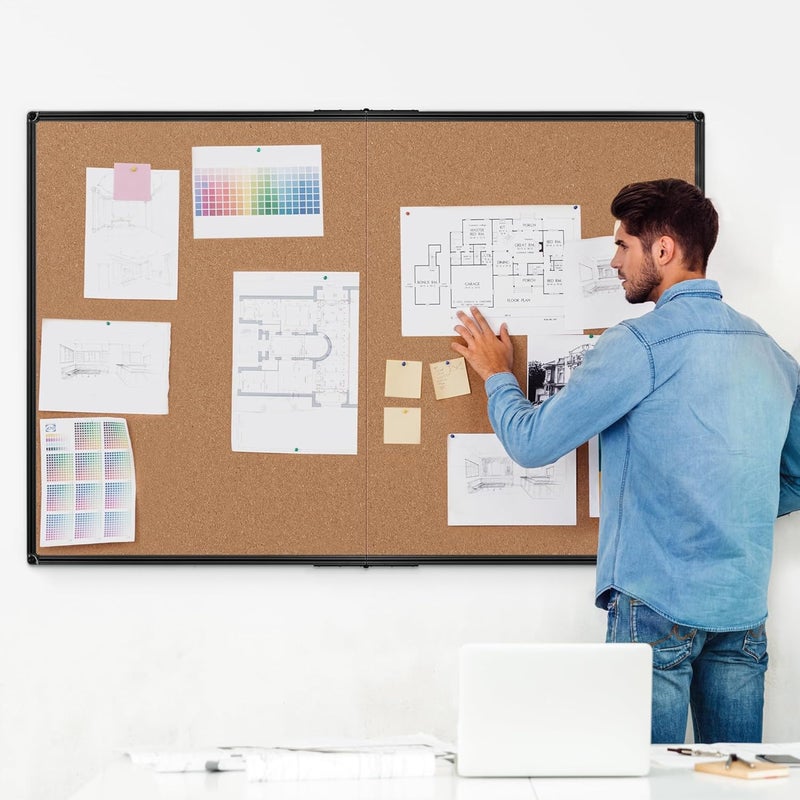 Board2by لوحة إعلانات كبيرة جدًا من الفلين 60" × 36"، لوحة ملاحظات قابلة للطي للجدار، إطار ألمنيوم أسود 5'×3'، لوحة إعلانات مثبتة على الجدار مع 36 دبوس دفع للمدرسة، المنزل والمكتب - Image 2