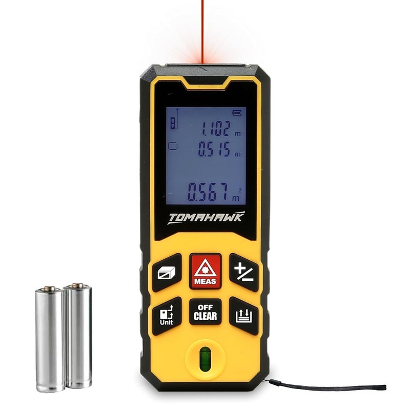 Tomahawk ® TLM-O-40 Laser Distance Meter Measurer 131Ft/40M with Area, Volume and Pythagoras Measurement - Water and Dust Resistant Laser Measuring Device with Backlit LCD, Battery Included - Image 1