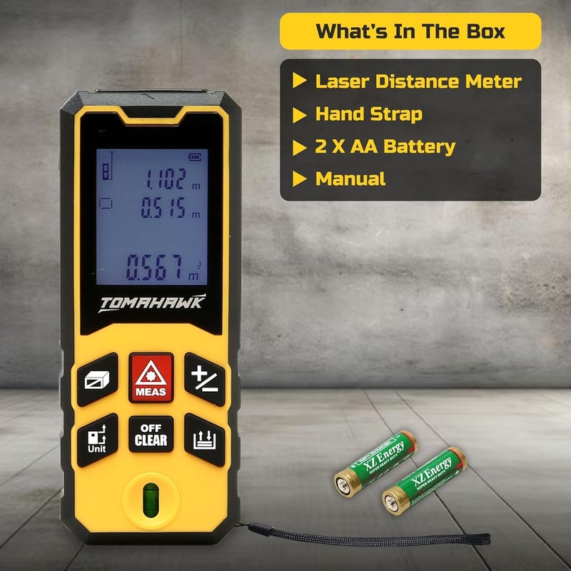 Tomahawk ® TLM-O-40 Laser Distance Meter Measurer 131Ft/40M with Area, Volume and Pythagoras Measurement - Water and Dust Resistant Laser Measuring Device with Backlit LCD, Battery Included - Image 4
